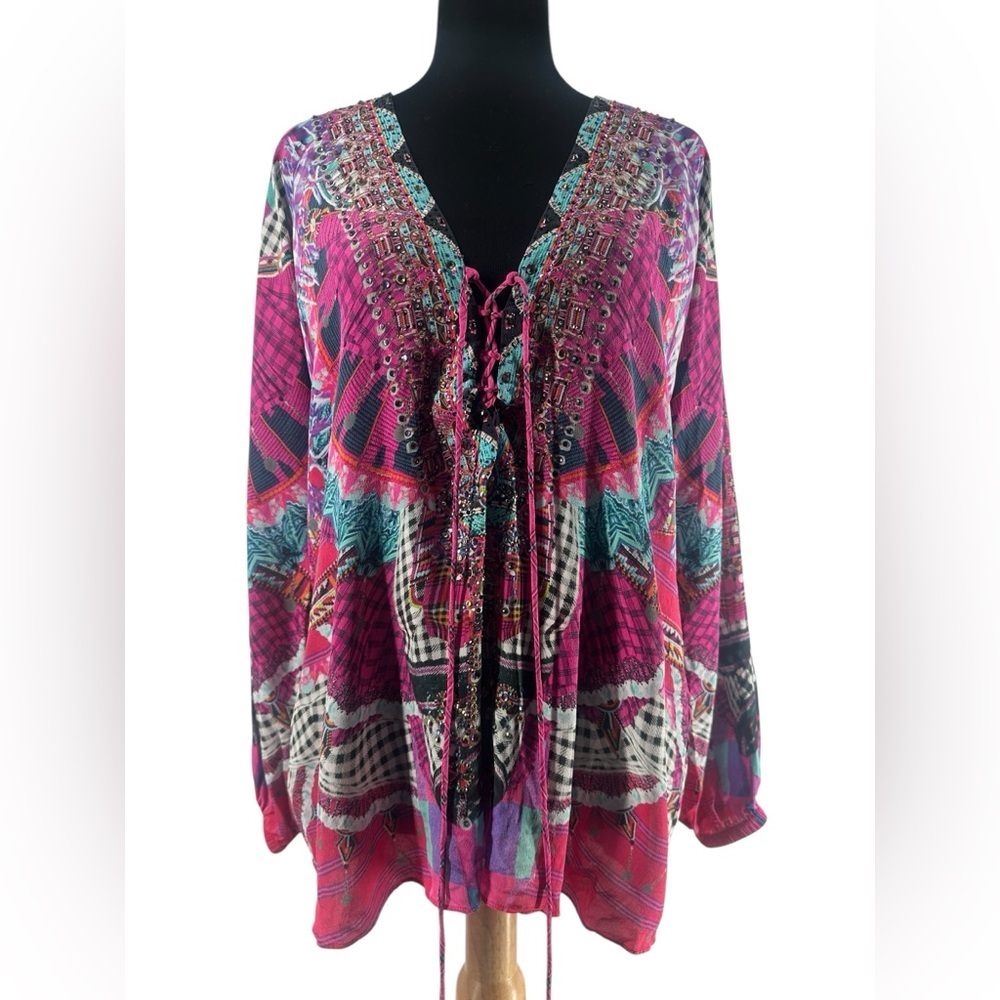 Camilla Desert Discotheque silk blouse lace-up heavily embellished boho sz 8 - Picture 2 of 13